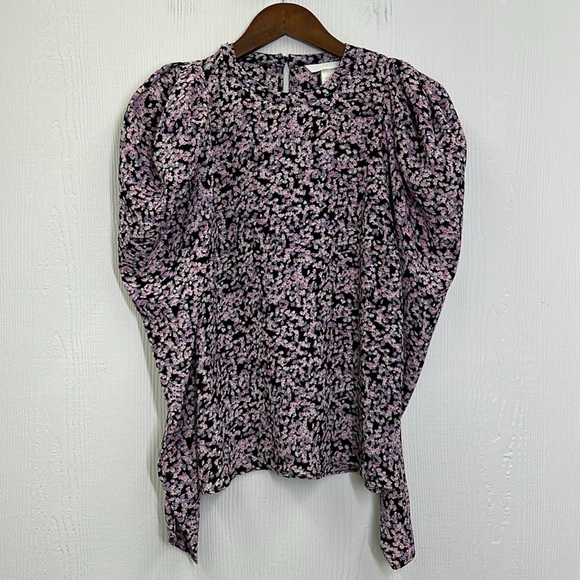 H&M - Black And Purple Floral Puff Ling Sleeve 2 Button Closure Blouse Small - Picture 10 of 14